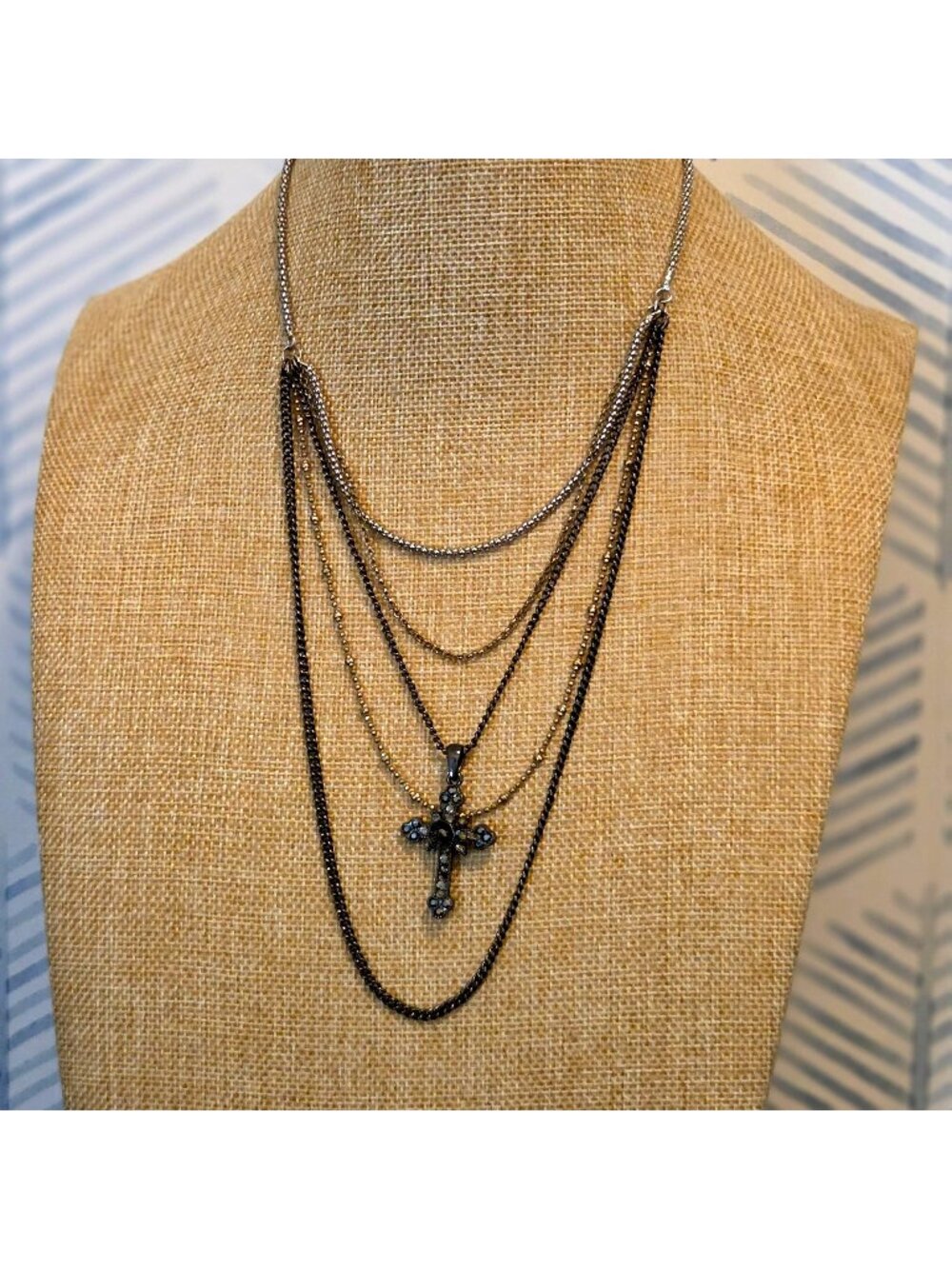 Black, Silver & Gold Layered Chain Necklace w Cross Pendant